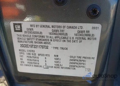 2002 Chevrolet Silverado 1500 Ls из США, поврежденный, VIN 2GCEC19T221179732